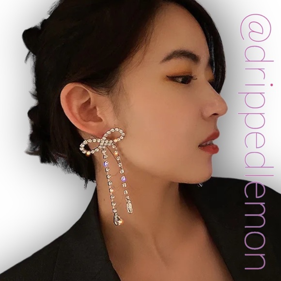 Big Bow Crystal Drop Silver Bling Earrings Women Long Tassel Rhinestone Sparkle - Picture 3 of 4